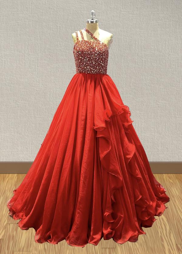 Sparkly Beaded Bodice Miss Teens Red Pageant Gown