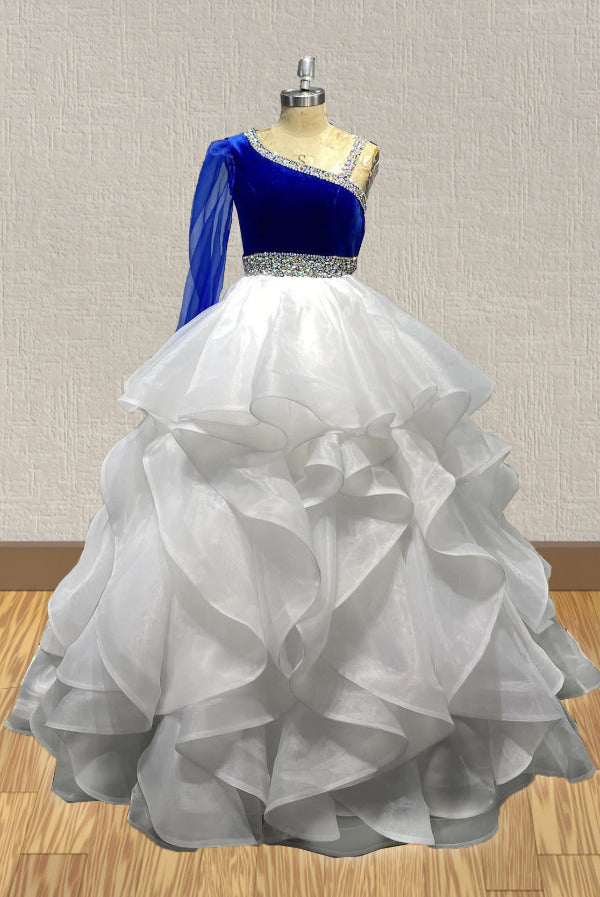 Little Girls White and Blue Evening Dress with Long Sleeve