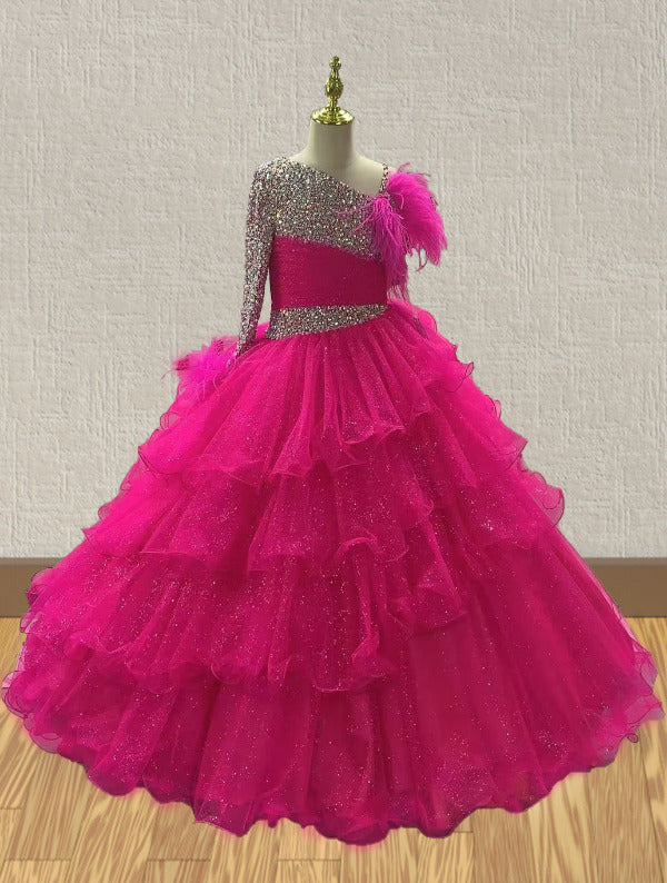 Teenages Hot Pink Long Sleeve Evening Dress with Feather