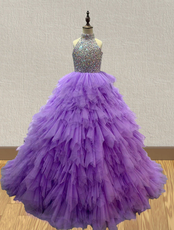 Little Girls Purple Prom Dress with Beaded Bodice