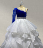 Little Girls White and Blue Evening Dress with Long Sleeve