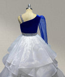 Little Girls White and Blue Evening Dress with Long Sleeve