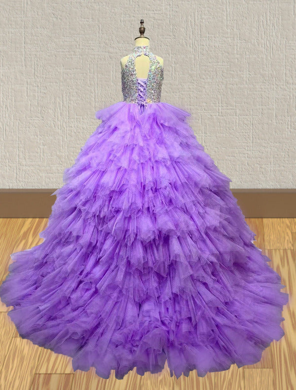 Little Girls Purple Prom Dress with Beaded Bodice