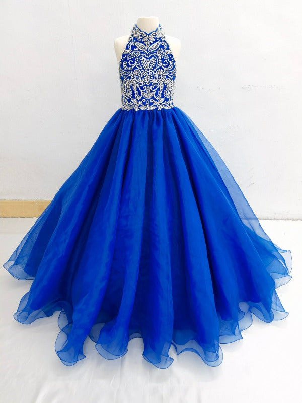 Sparkly Beaded Bodice Young Girl Royal Blue Pageant Dress