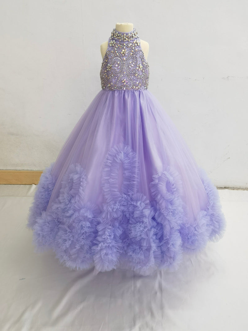 Halter Beaded Bodice Flower Girl Lilac Pageant Dress