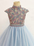 Cap Sleeve Teens Sky Blue Sparkly Pageant Gowns