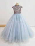 Cap Sleeve Teens Sky Blue Sparkly Pageant Gowns