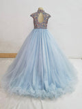 Cap Sleeve Teens Sky Blue Sparkly Pageant Gowns