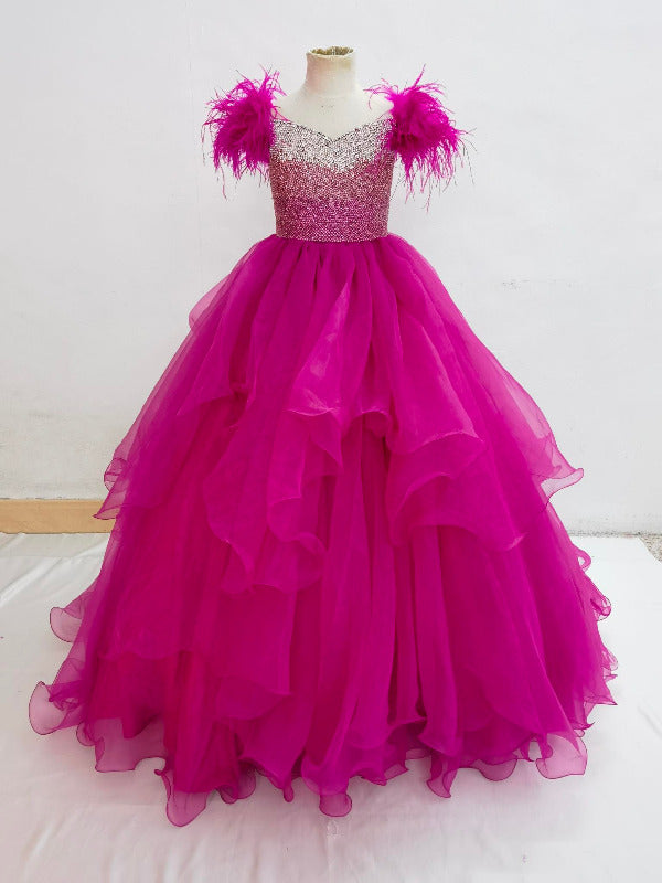 Sparkly Beaded Bodice Kids Fuchsia Pageant Dress