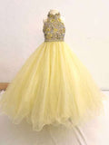 Halter Beaded Bodice Glitzy Yellow Ball Gown For Teenage Girl