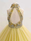 Halter Beaded Bodice Glitzy Yellow Ball Gown For Teenage Girl