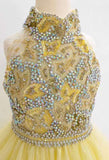 Halter Beaded Bodice Glitzy Yellow Ball Gown For Teenage Girl