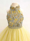 Halter Beaded Bodice Glitzy Yellow Ball Gown For Teenage Girl