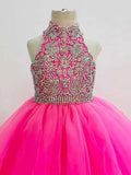 Halter Beaded Bodice Hot Pink Tween Pageant Dresses