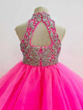 Halter Beaded Bodice Hot Pink Tween Pageant Dresses