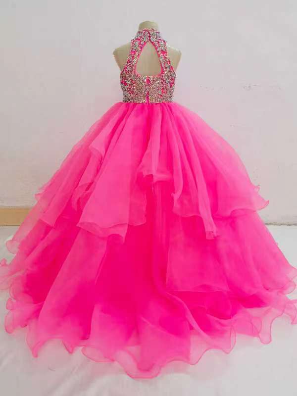 Halter Beaded Bodice Hot Pink Tween Pageant Dresses