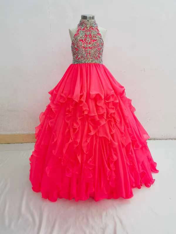 Halter Sparkly Elegant Beaded Bodice Kids Pageant Dress