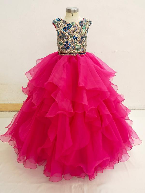 Sparkly Little Girls Cap Sleeve Pink Evening Gown