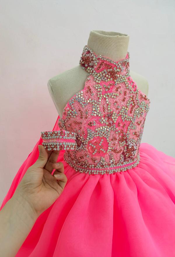 Halter Sparkly Beaded Bodice Baby Doll Pageant Dress