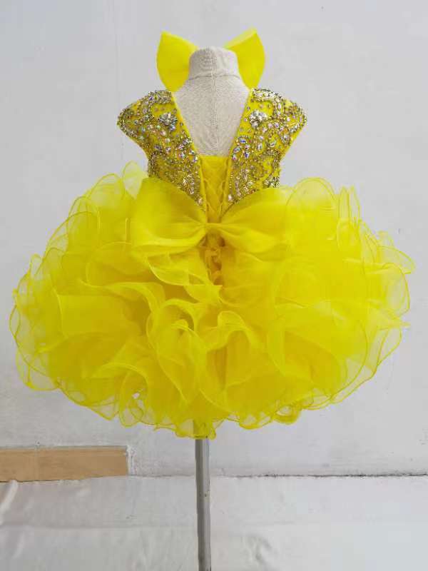 Cap Sleeve Infant Glitzy Yellow Cupcake Pageant Gown - ToddlerPageantDress