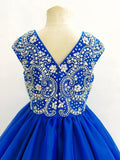 Cap Sleeve V Neck Little Girls Royal Blue Formal Attire - ToddlerPageantDress