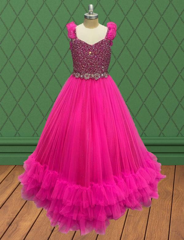 Custom Fuchsia Sparkly Pageant Gown with Applique - ToddlerPageantDress