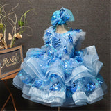 Luxury Blue Sequin Girls Birthday Party Dresses Ball Gowns