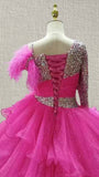 Teenages Hot Pink Long Sleeve Evening Dress with Feather - ToddlerPageantDress