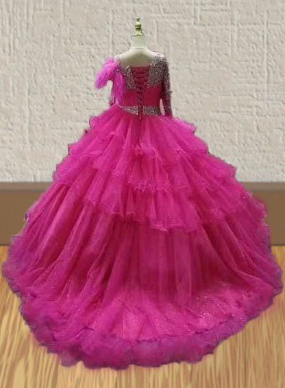 Teenages Hot Pink Long Sleeve Evening Dress with Feather - ToddlerPageantDress