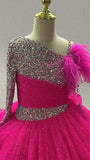 Teenages Hot Pink Long Sleeve Evening Dress with Feather - ToddlerPageantDress