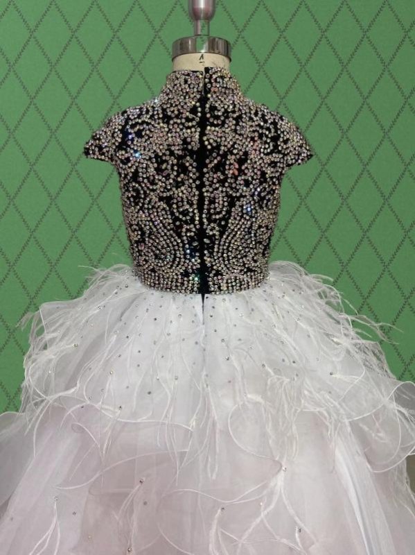 Young Girls White Glitter Pageant Dress with Feather - ToddlerPageantDress