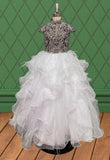 Young Girls White Glitter Pageant Dress with Feather - ToddlerPageantDress