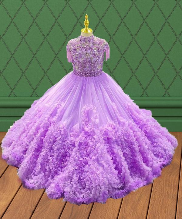 Youth Lilac Prom Couture With Heavey Beaded and Applique - ToddlerPageantDress