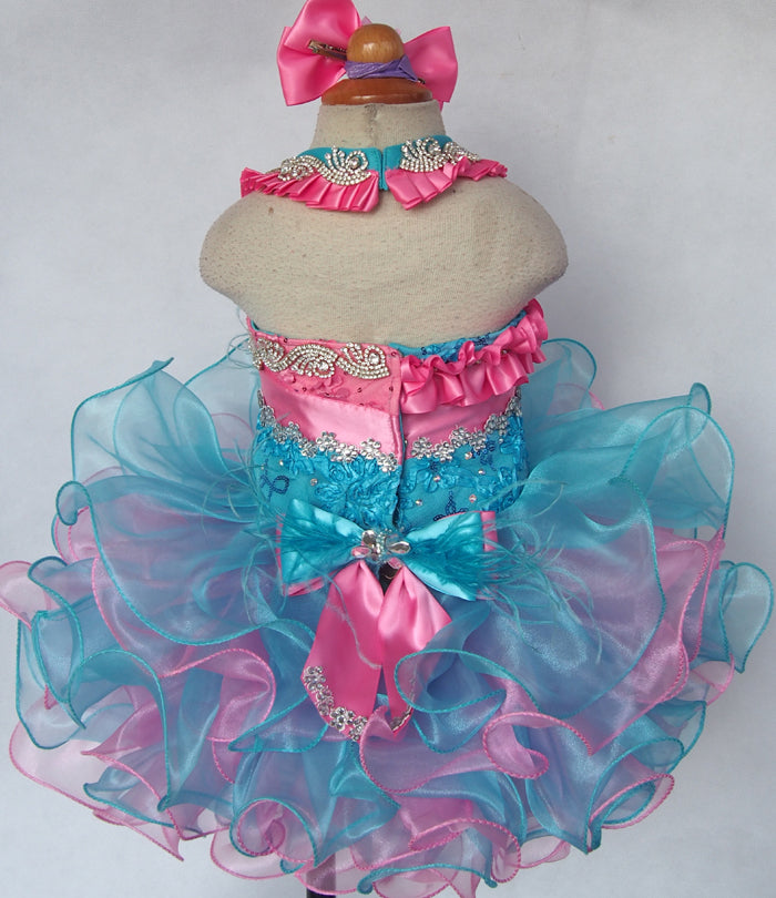 Halter Toddler/Little Miss Feather Glitz Cupcake Pageant Dress With Hair bow - ToddlerPageantDress