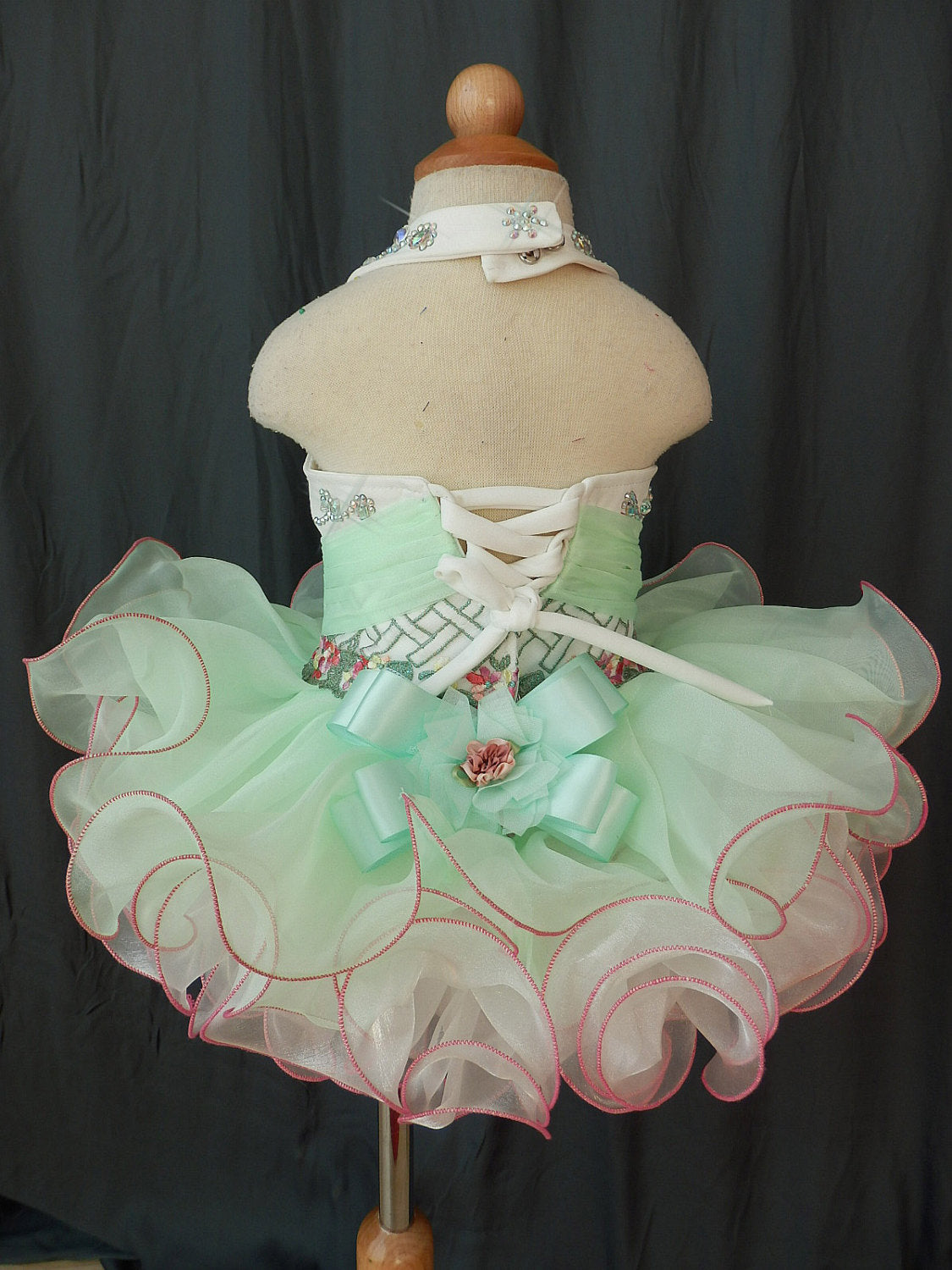 Halter V Neck Beaded Embroidery Bodice Baby Girl Pageant Dress - ToddlerPageantDress