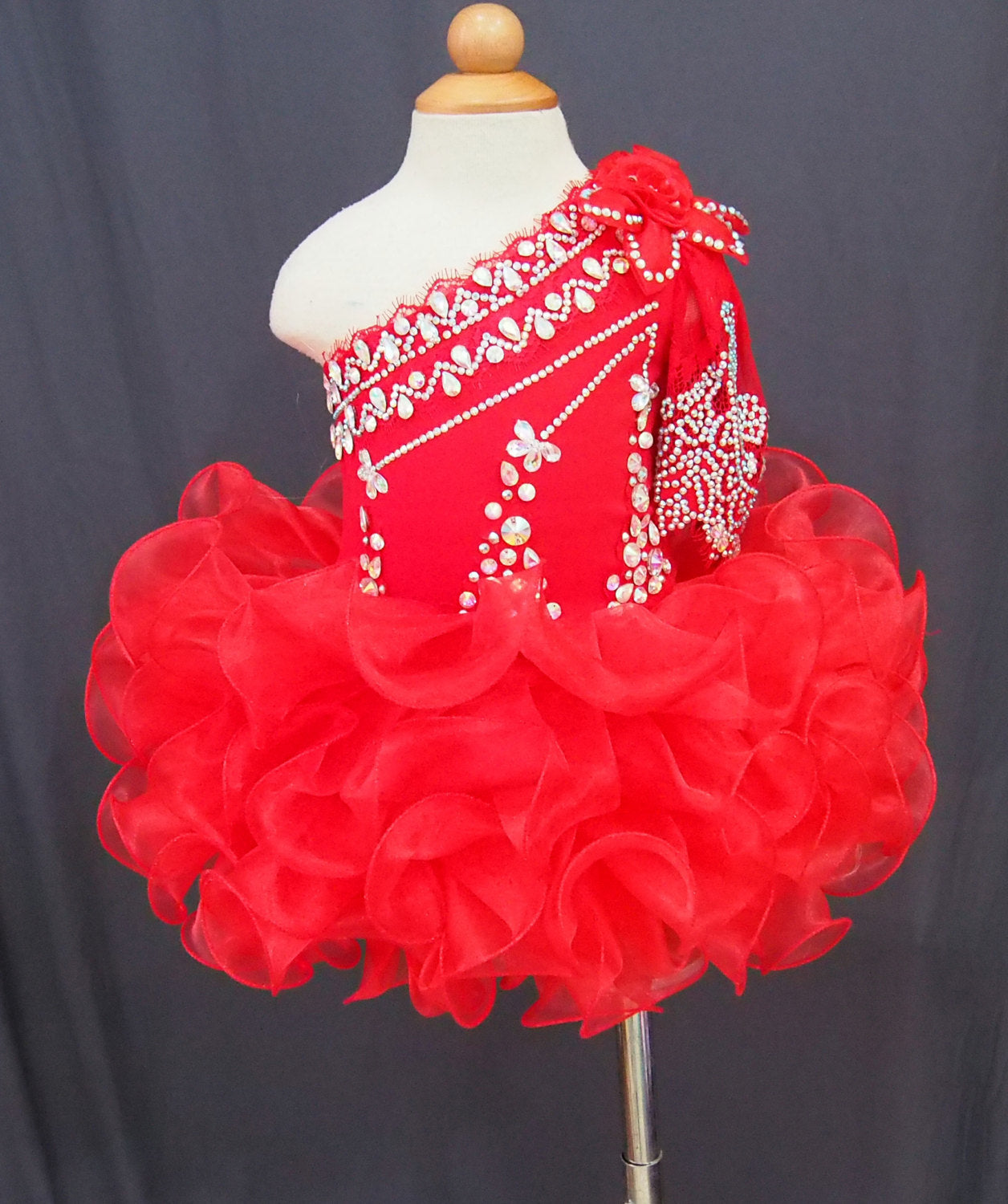 One Shoulder Beaded Bodice Red Cupcake Pageant Dress  G115-2 - ToddlerPageantDress